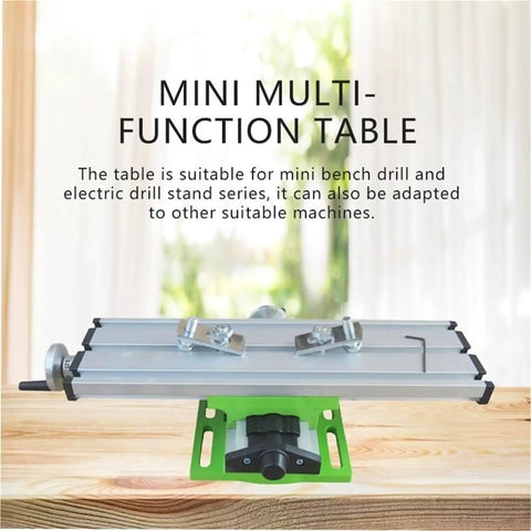 Mini Bench Drill Press Combo Machine With Lathe, Milling And Sanding Capabilities Compact vertical multi-function table on wood surface.