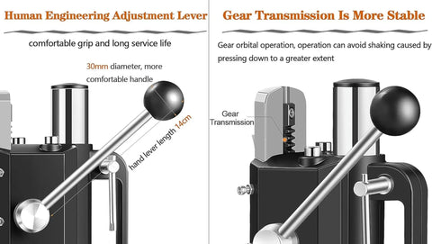 Close-up of Sturdy Drill Press Stand Bench Top With Vise For Hand Drill Adjustable Benchtop Holder With ergonomic lever