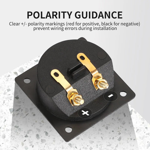 Front view of 2.2 Inch Square Screw Type Speaker Terminal Cup for 2 Way Systems with Gold Plated Binding Posts and clear polarity markings.