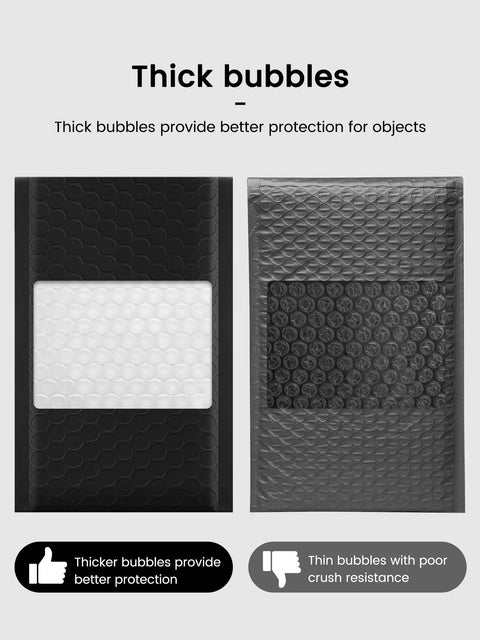 Comparison of Black Bubble Mailers 4x8 Inches, 50 Pack, 4x7 Internal Size Padded Envelopes For Shipping showing bubble thickness