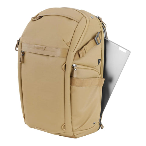 Metro B30L 30L Camera Backpack With Convertible Daypack In Beige, side view with laptop compartment, travel ready