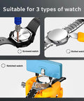 Image showing Comprehensive Pro Grade Watch Repair Kit For Battery Replacement And Link Removal with tools for three watch types.