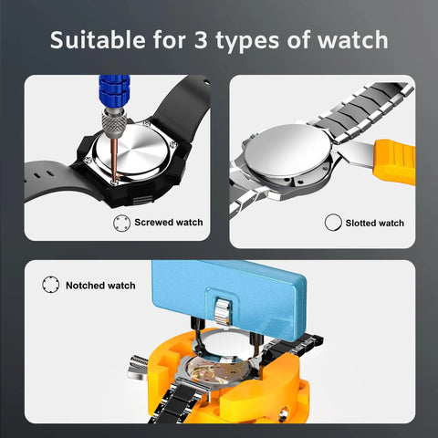 Image showing Comprehensive Pro Grade Watch Repair Kit For Battery Replacement And Link Removal with tools for three watch types.