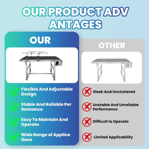 Comparison of 55 By 22 Inches Motorized Belt Conveyor Table With Heavy Duty Stainless Steel against a simple table, highlighting advantages