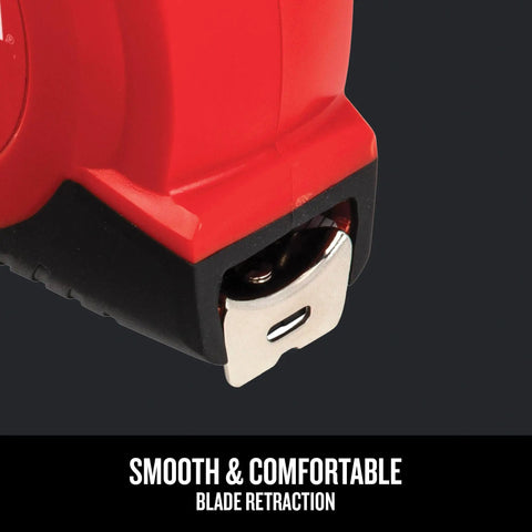 Close-up of self lock tape measure with retractable blade and rubber overmold for a solid grip 8 meter length easy read fractions