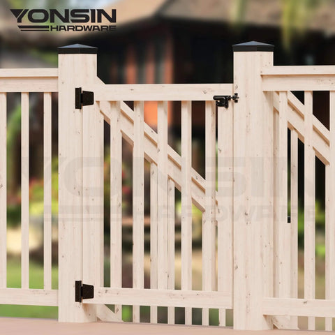 Black 3.5 Inch Heavy Duty Strap Gate Hinges on a Wooden Fence Gate