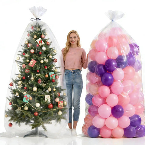 Huge Balloon Storage Bags Pack Of Four Transparent Giant Bags 59 By 98 Inches And 47 By 59 Inches holding tree and balloons