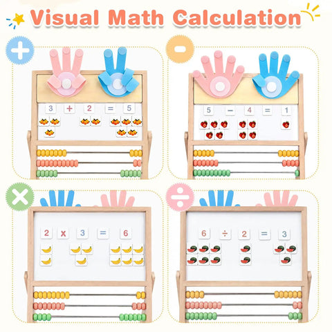 Visual Math Calculation display with Straight Up Awesome Wooden Abacus For Kids Math Learning, featuring different math operations and colorful beads.