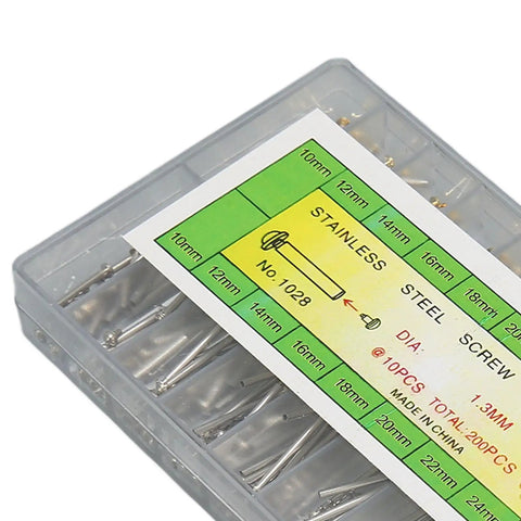 Close-up of 200 Pcs Watch Screw Tube Kit With 10 Sizes 1.3mm Width, storage box, stainless steel tubes in gold and silver