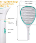 Handheld Bug Zapper Racket With 3000 Volt Instant Shock, white with turquoise trim, shown front view with dimensions and controls.
