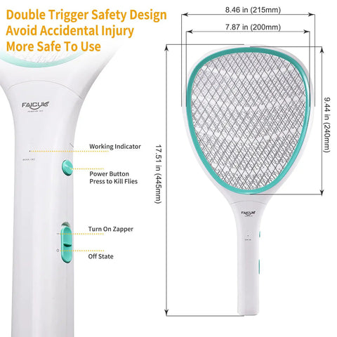 Handheld Bug Zapper Racket With 3000 Volt Instant Shock, white with turquoise trim, shown front view with dimensions and controls.