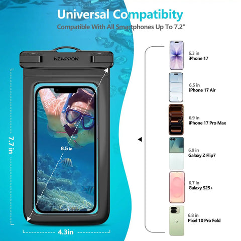 Six Pack 8.5 Inch Waterproof Phone Pouch With Durable Lanyard Underwater Dry Bag Case showing compatibility with multiple smartphones