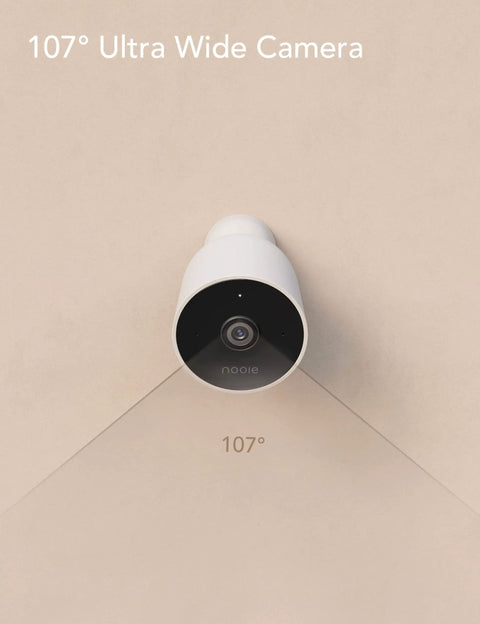 Outdoor Security Camera 1080P For Your Home Weatherproof IP66 with 107° wide field of view shown against a beige wall.