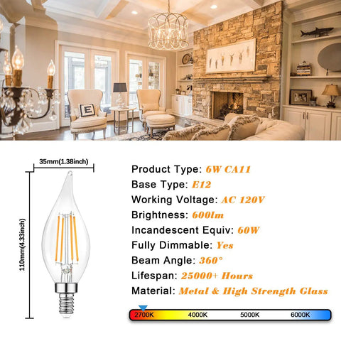 Fully Dimmable E12 Candelabra LED Bulbs 60W Incandescent Equivalent 2700K Warm White Clear Filament Chandelier Light Bulbs 6W 600lm Flame Tip Vintage Ceiling Fan 12 Pack shown with product specifications.