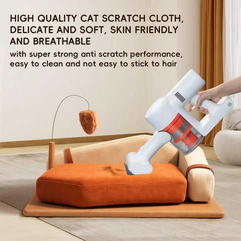 Modern Wooden Pet Hangout Haven With Swinging Toy, Built Like A Tank Oak Veneer Sofa Bed, Ultra Comfy High Resilience Foam Cushion, Scratch Proof Elevated Pad For Big Cats And Dogs being cleaned with a vacuum.