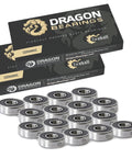Dragon Bearings ceramic inline skate bearings, 16-pack; silver bearings with black seals, front view of packaging