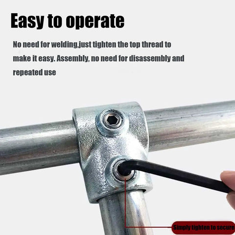 Half Inch Galvanized Steel Pipe Tee Fitting 90 Degree Single Socket 4 Pack shown with Allen screw tool tightening