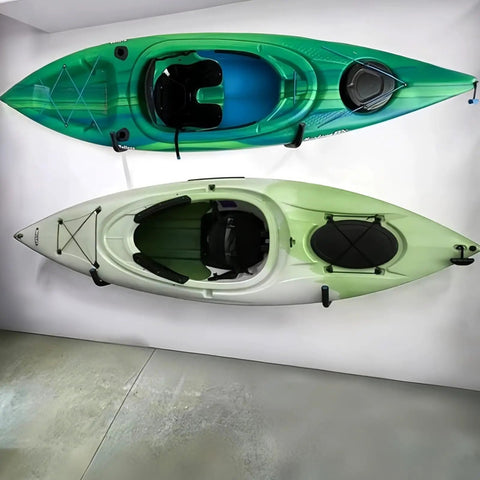 Heavy Duty Kayak Wall Mount 15 Inch Storage Hooks Featuring Thick EVA Padding, displaying two kayaks securely stored on a wall.