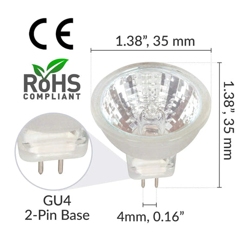 MR11 Halogen Spotlight Bulbs 20W 12V FTD 6 Pack 2 Pin GU4 Base Dimmable Lit Warm White 2700K 220 Lumens dimensions