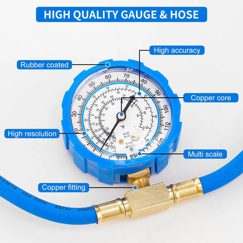Slick R134A Refrigerant Recharge Kit With Heavy Duty Charging Hose And Dual Dial Gauge For Fast Home AC Cool Down Includes BPV31 Bullet Piercing Tap Valve And Self Sealing Adapter For No Sweat Maintenance