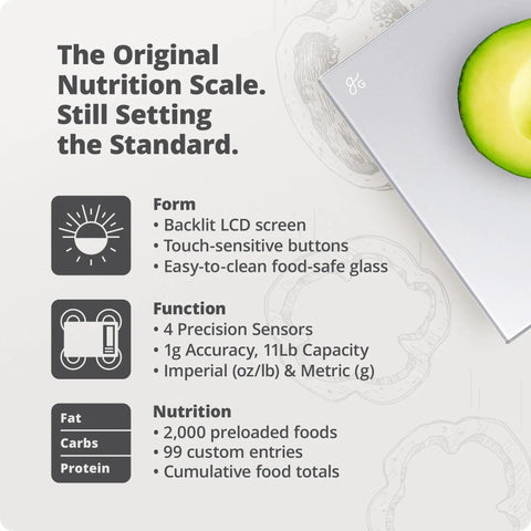 Meal-Prep Go-To Food Scale With Built-In Nutrition Calculator No App Needed, features LCD screen with avocado on scale.