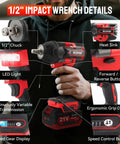 Close-up of Heavy Duty Cordless Impact Wrench With Half Inch Drive Featuring A Brushless Motor And Legit 1106 Foot Pound Torque with LED light.