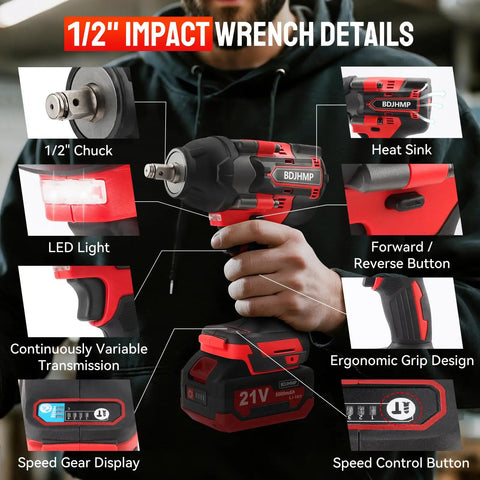 Close-up of Heavy Duty Cordless Impact Wrench With Half Inch Drive Featuring A Brushless Motor And Legit 1106 Foot Pound Torque with LED light.