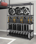 Beefy 5 Tier Adjustable Storage Shelving Unit Black With 2000 Lb Capacity Ideal For Garage Workshop Or Warehouse Organization And Heavy Duty Steel Load Bearing Rack. Black steel rack with wheels, cans, and tool cases