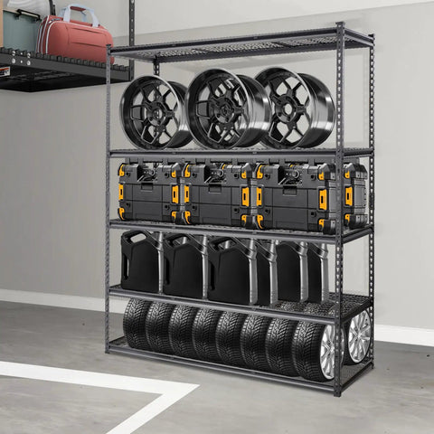 Beefy 5 Tier Adjustable Storage Shelving Unit Black With 2000 Lb Capacity Ideal For Garage Workshop Or Warehouse Organization And Heavy Duty Steel Load Bearing Rack. Black steel rack with wheels, cans, and tool cases