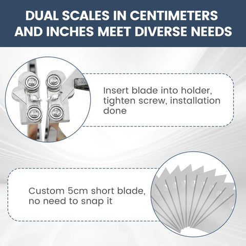 Foldable Drywall Cutter Featuring Adjustable Blade And Dual Scale Ruler With Laser Etched Markings For Quarter Or Three Eighths Inch Gypsum showing dual scale blade installation.