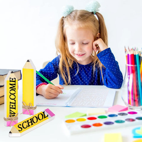 11 Piece Pencil Name Plates Set For Back To School Blank Wood Desk Signs With Markers And Letter Template DIY Classroom Name Tags Pencil Shaped Desk Plaques For Teachers on desk