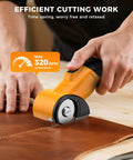 Heavy Duty Cordless Electric Scissors With Led Light Rechargeable Rotary Cutter For Cardboard Fabric Leather Carpet Plastic High Speed Safety Lock 4V Battery Power Hand Tool cutting through leather with a max speed of 320 RPM.