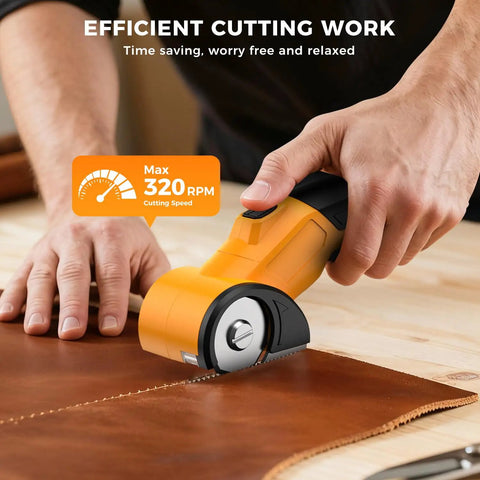 Heavy Duty Cordless Electric Scissors With Led Light Rechargeable Rotary Cutter For Cardboard Fabric Leather Carpet Plastic High Speed Safety Lock 4V Battery Power Hand Tool cutting through leather with a max speed of 320 RPM.