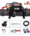 Heavy Duty 13,500 Lbs 12V Electric Winch With 3/8 Inch Synthetic Rope, Waterproof IP67, Remote Control, For 4x4 Trucks, SUVs, ATVs, Boats, And Trailers, Built For Serious Off Road Recovery shown with remote and accessories