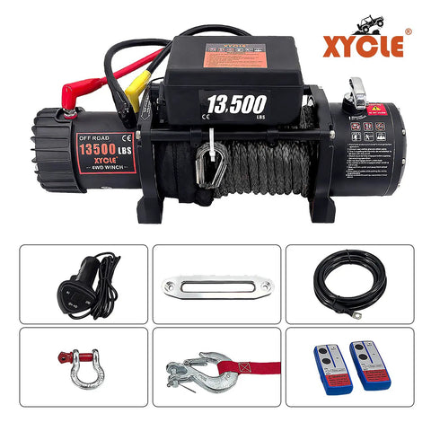 Heavy Duty 13,500 Lbs 12V Electric Winch With 3/8 Inch Synthetic Rope, Waterproof IP67, Remote Control, For 4x4 Trucks, SUVs, ATVs, Boats, And Trailers, Built For Serious Off Road Recovery shown with remote and accessories