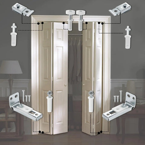 No Cap Heavy Duty Bifold Door Repair Kit For Closet Sliders Slick Rollers And Smooth Tracks installation parts with steel brackets and nylon rollers.
