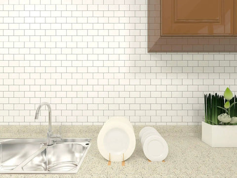 Peel And Stick Backsplash Tile Kit 12x12 Off White Subway Tiles With Grey Grout 10 Sheets Easy DIY No Mess Eco Friendly Kitchen