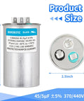 45 Plus 5 uF Dual Run Round AC Capacitor For Air Conditioning Units 370/440 VAC CBB65B front and top view with dimensions