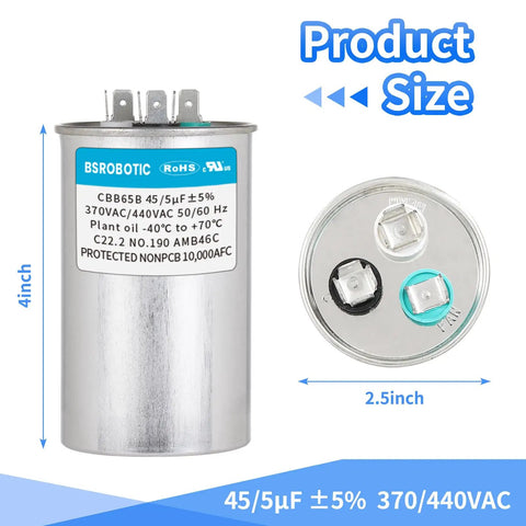 45 Plus 5 uF Dual Run Round AC Capacitor For Air Conditioning Units 370/440 VAC CBB65B front and top view with dimensions