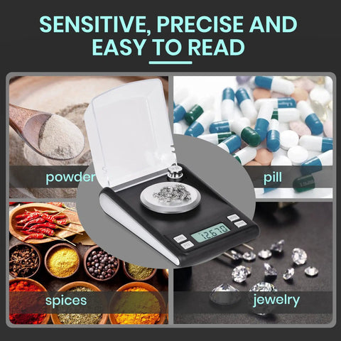 Ultra Precise 0.001 g Digital Scale With 50 g Capacity And LCD Display, showing versatility with powders, pills, spices, jewelry