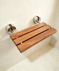 Premium Burmese Teak Folding Shower Seat Bench Wall Mounted With Brushed Finish, solid teak wood, stainless steel bars, 330 lb