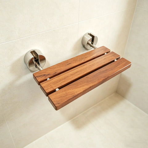 Premium Burmese Teak Folding Shower Seat Bench Wall Mounted With Brushed Finish, solid teak wood, stainless steel bars, 330 lb