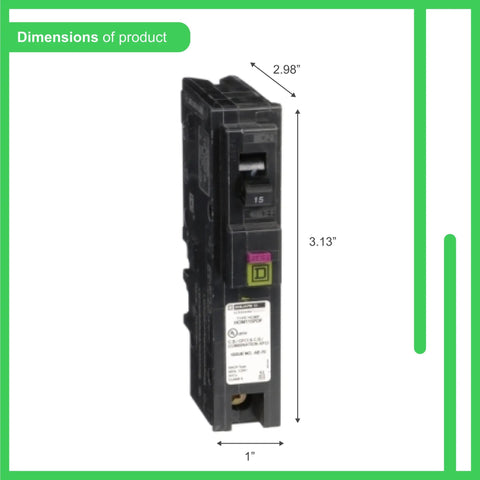 Homeline Plug On Neutral 15 Amp Single Pole CAFCI And GFCI Circuit Breaker For 120V Homes with dimensions marked 2.98x3.13x1 inches