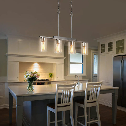 4 Light Linear Kitchen Island Pendant Light With Clear Glass Shades, Brushed Nickel Chandelier Over Dining Table