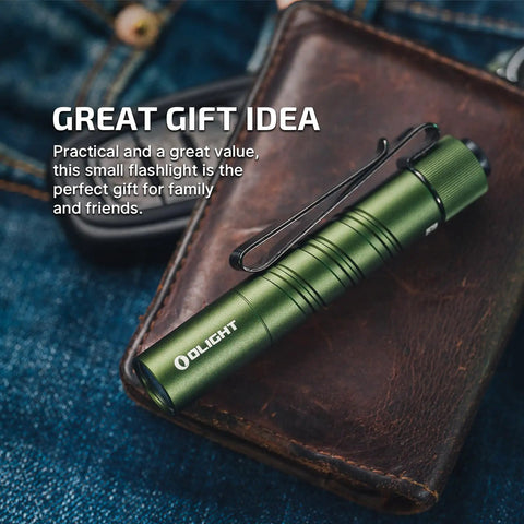 I3T 2 EOS Pocket EDC Flashlight With 200 Lumen Output in OD Green on leather wallet