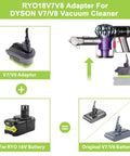 Ryobi 18V High Capacity Battery Adapter For Dyson V7 And V8 Series Vacuums shown with battery and vacuum