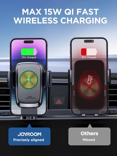 15W Wireless Car Charger With Auto Clamping Air Vent Mount for iPhone and Galaxy showing charging efficiency comparison