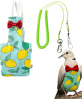 Bird Diaper Harness With Leash For Outdoor Fun, lemon print diaper on bird, red bow tie, green leash, secure fit