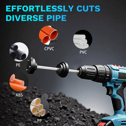 Internal Pipe Cutter For 1-1/2 Inch And 2 Inch PVC And ABS Pipes, 7 Inch Adjustable Cutting Depth in use with drill, cutting diverse pipe
