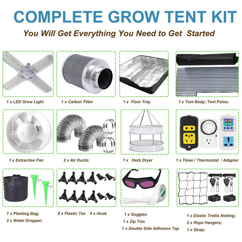 All-In-One 4x2 Ft Grow Tent System With High Reflective Mylar Interior Full Spectrum LED Grow Light Carbon Filter Vent Fan Ducting Timer And Essential Accessories For Indoor Hydroponic Plant Growth components overview.